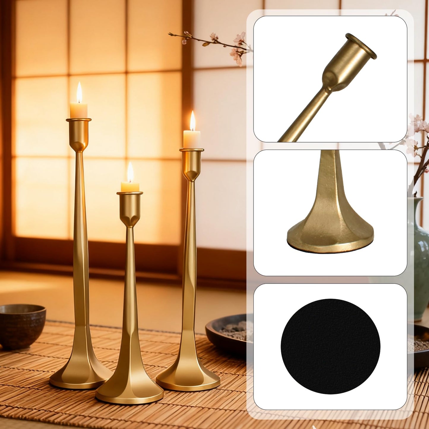 Set of 3 Gold Iron Candlestick Holders – Tapered Candle Holders for 3/4" Candles, Tall Candle Stick Set for Dining Table, Wedding, and Home Décor
