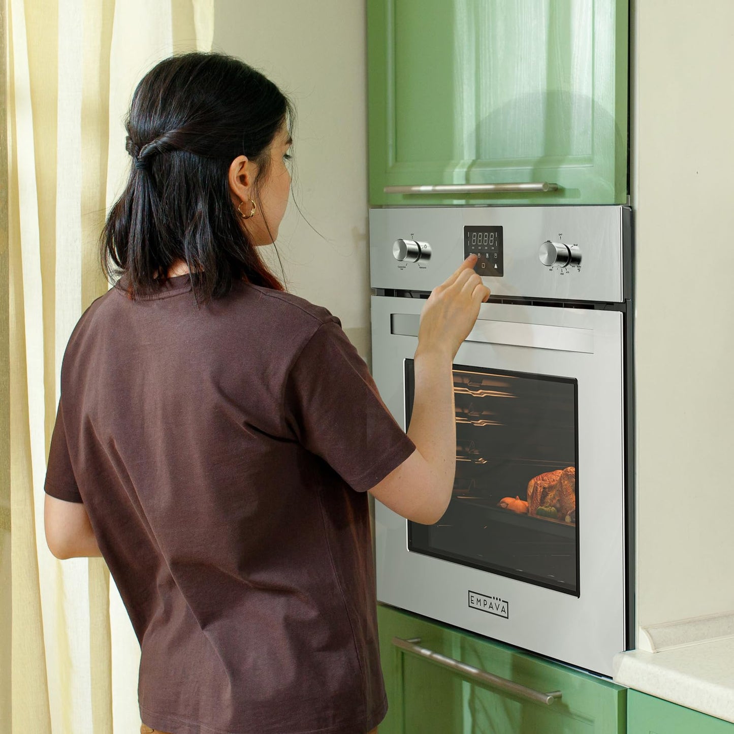 Empava 24 Inch Natural Gas Single Wall Oven with 5 Cooking Modes, Convection Fan and Rotisserie, Knob Control and Digital Display, Stainless Steel