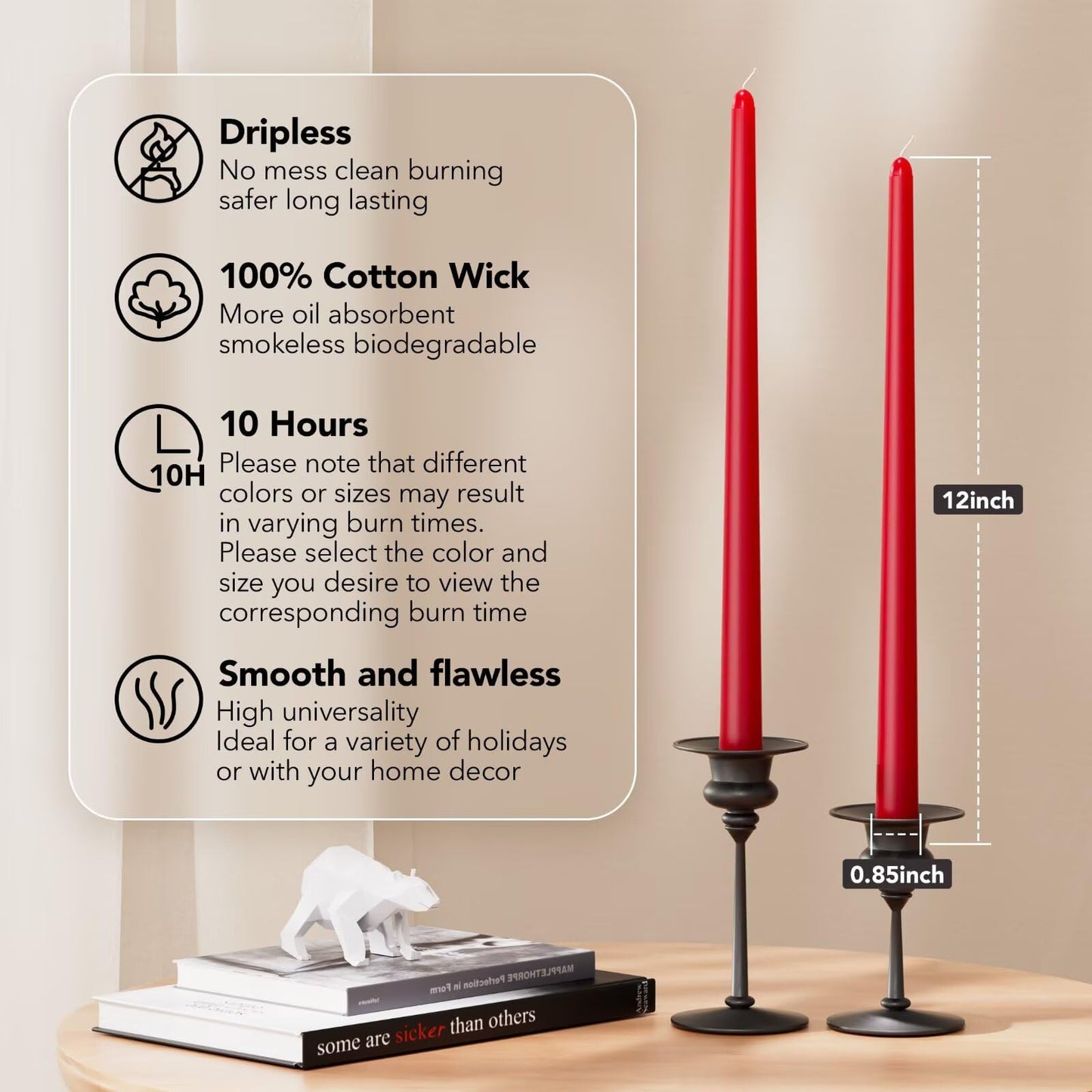 Pickood 12-Inch Tall Dripless Taper Candles Set of 4 - Red Tapered Candles, Perfect for Christmas - Smokeless, Unscented, Long Burning - Hand Poured, Colored Tall Candlesticks - Bright Red