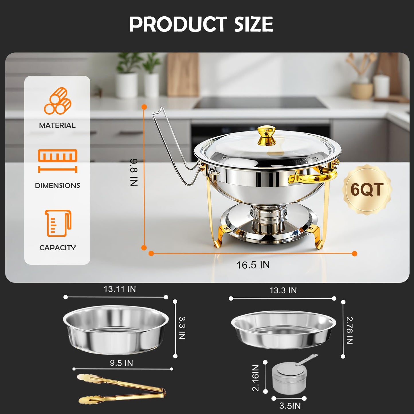 ALSO GO Round Chafing Dishes for Buffet with 4 Serving Tongs, 4 Pack 6QT Chafing Dishes Buffet Set, Golden Stainless Steel Catering Food Warmer for for Party, Gathering,Wedding
