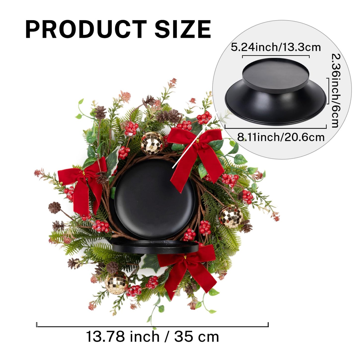 MOYEE Winter Christmas Candle Holder Centerpieces for Tables,Candle Ring, Black Metal Candlestick with an Artificial Wreath 14 in Versatile Dining Table Centrepiece (Red Bow Pinecone Wreath)