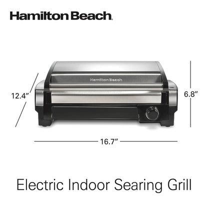 Hamilton Beach Electric Indoor Searing Grill with Viewing Window & Adjustable Temperature Control to 450F, 118 sq. in. Surface Serves 6, PFAS-Free Removable Nonstick Grate, Stainless Steel