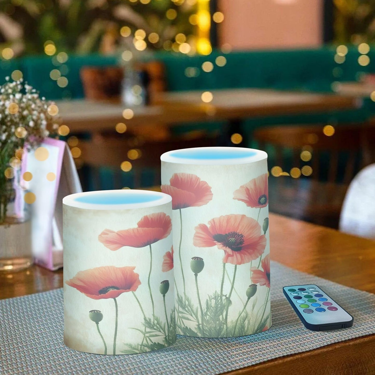 ALAZA Flickering Flameless Candles Red Poppy Flower Poppies Battery Operated Candles with Remote Timer LED Pillar Votive Candles Set of 2 for Holiday Decor