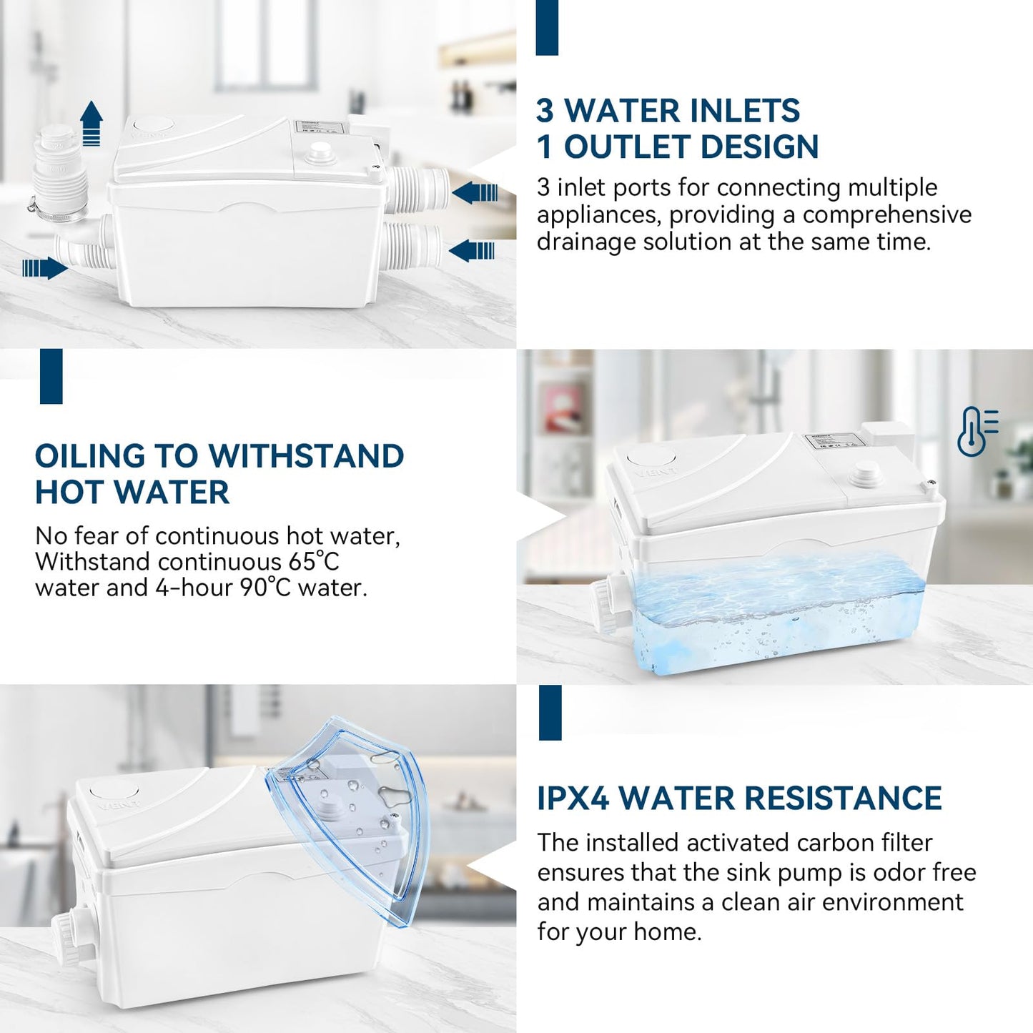 500W Utility Sink Pump with PCB Function Upgrade Structure Upflush to 23FT 1600GPH Under Sink Pump with 3 Water Inlets 1 Outlet Macerating Toilet System for Sink Shower Urinal Kitchen Basement