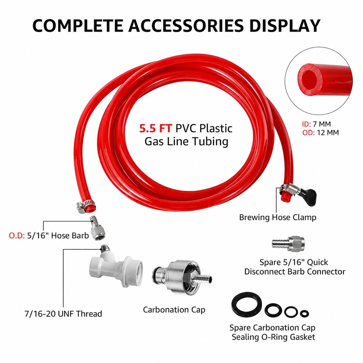 Dbgogo 5.5 Feet Ball Lock Disconnect Gas Tubing Line Stainless Steel Carbonation Cap Kit for Soda Beer PET Bottle CO2 Regulator Keg Tap with Stainless O.D 5/16'' Barb Brewing Hose Clamp Sealing Gasket