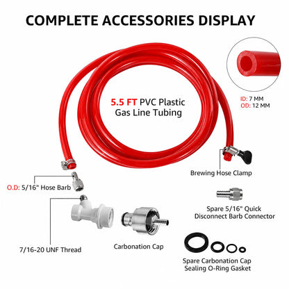 Dbgogo 5.5 Feet Ball Lock Disconnect Gas Tubing Line Stainless Steel Carbonation Cap Kit for Soda Beer PET Bottle CO2 Regulator Keg Tap with Stainless O.D 5/16'' Barb Brewing Hose Clamp Sealing Gasket
