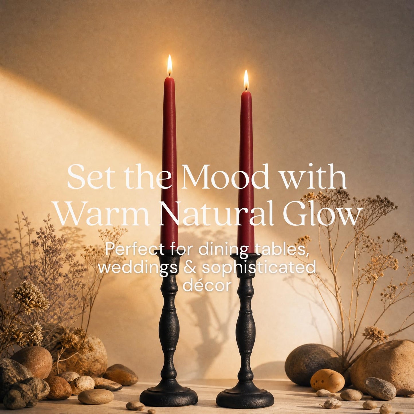 Bluecorn Beeswax Taper Candles, 100% Pure Natural Bees Wax, Pair of 12 Inch Burgundy Tapered Candlesticks, Clean Burning & Dripless, Fragrance Free, Long Lasting, Home Decor, American Made, 1 Count