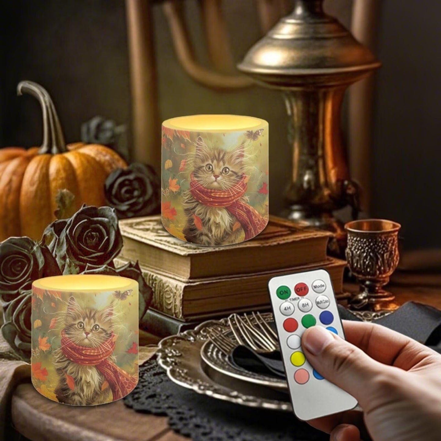 Cozeyat Autumn Cat Flameless Candles 4 Pack Battery Operated LED Pillar Candles with Remote Control Timer Waterproof for Indoor Outdoor Home
