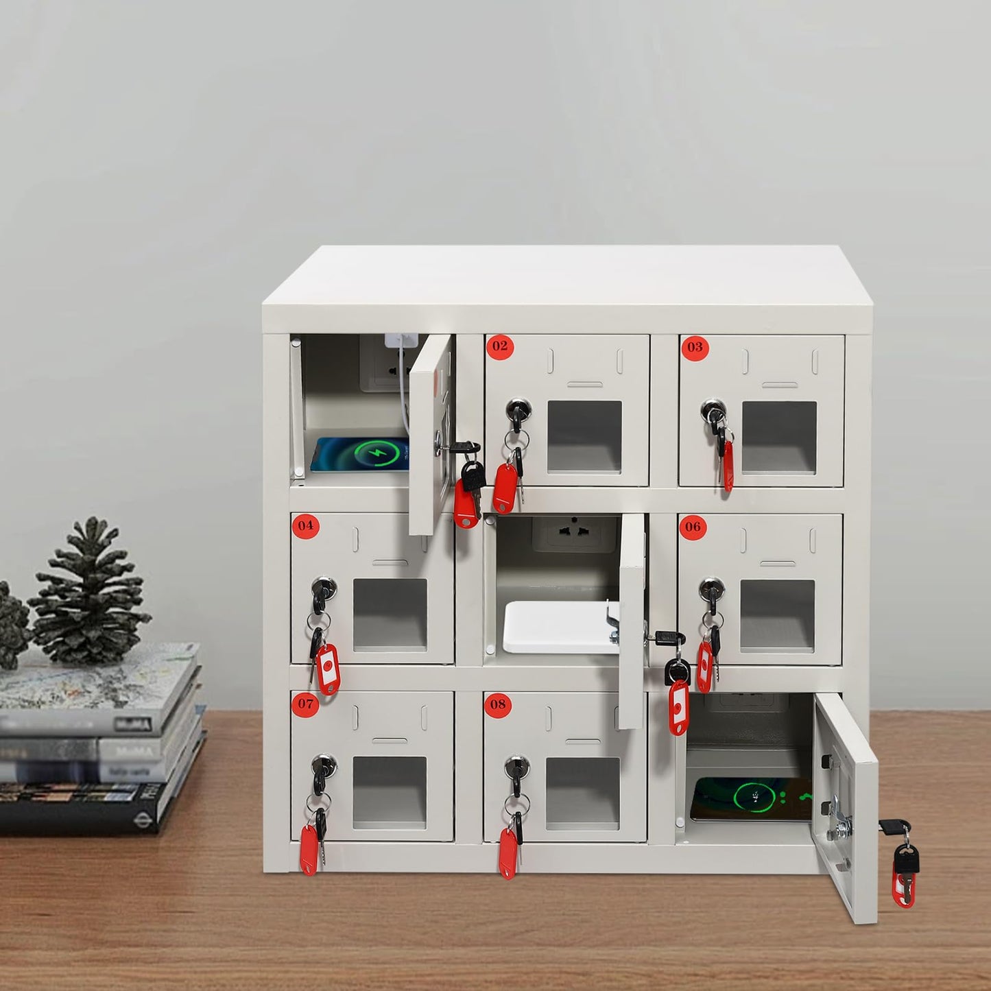 QUEWATSA 9 Slots Cell Mobile Phone Steel Locker with Lock, Cell Phone Locker with Charging Station, Cellphone Locker for Schools, Conference Rooms, and Offices
