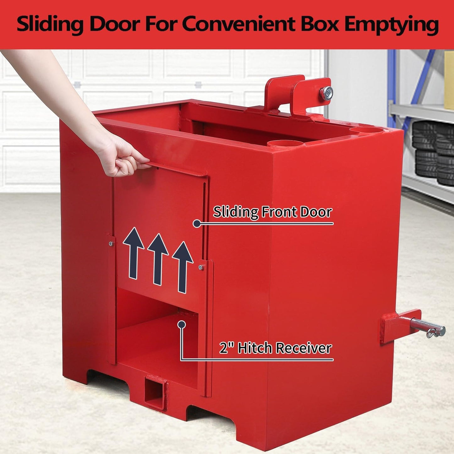 Tractor Ballast Box, 800LB, 5 cu.ft 3 Point Hitch Loader Attachment w/ 2" Quick Hitch Receiver, Sliding Door, Steel Weight Box Fits Category 0/1 Tractors, Skid Steers, Heavy-Duty, Red