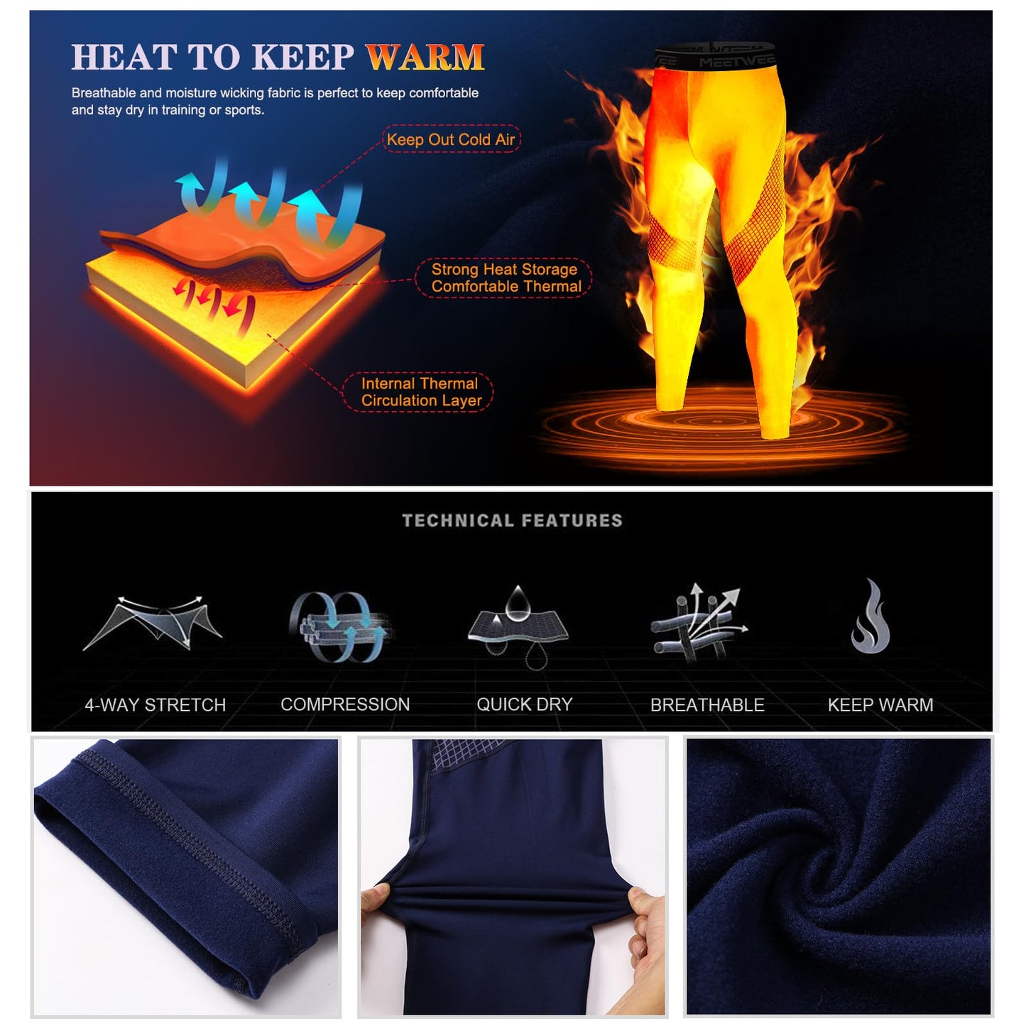 MEETWEE Men’s Thermal Underwear Long Johns, Thermal Leggings Warm Compression Tights Base Layer Bottom Sports Pants Trousers