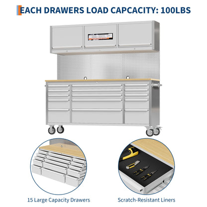 IDEALHOUSE 72 inch Rolling Tool Chest, Garage Workbench with 15 Drawers, Solid Rubber Wood Top & with Wheels Lock Key Locking, Mobile Workstation Tool Cabinet for Workshop Storage