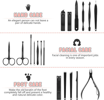 Manicure Set, Jubolion 19pcs Stainless Steel Professional Nail Clippers Pedicure Set with Black Leather Storage Case, Portable Grooming Kit for Travel or Home, Perfect Gifts Women and Men (Black)