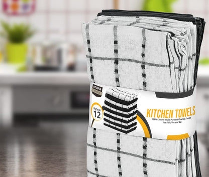 Utopia Towels - Kitchen Towels 12 Pack, 15 x 25 Inches, 100% Ring Spun Cotton Super Soft and Absorbent Linen Dish, Tea and Bar Towels Set, Black