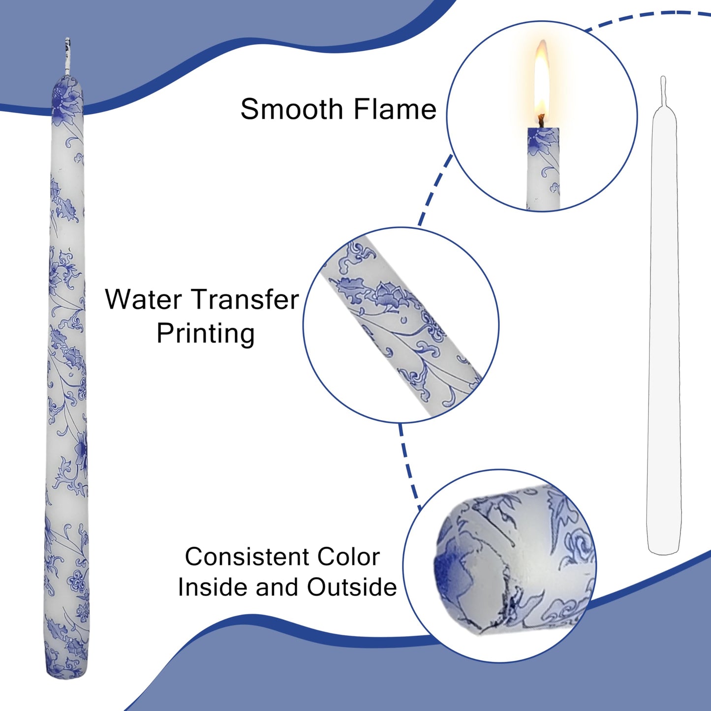 Printed Taper Candles 10 INCH Handmade Candles Unscented Smokeless Candlesticks Blue and White Porcelain Pattern Candle for Home Wedding Dinner Holiday Party