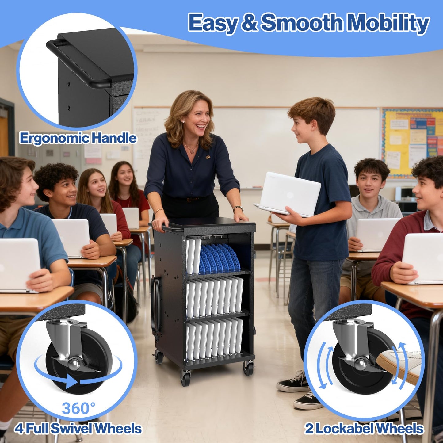 30 Unit Device Charging Station for Chromebook, iPad, 14'' Laptop - Charging Cart with Charger Cable Management, Circuit Breaker, Grounding Protection, Assembly Required