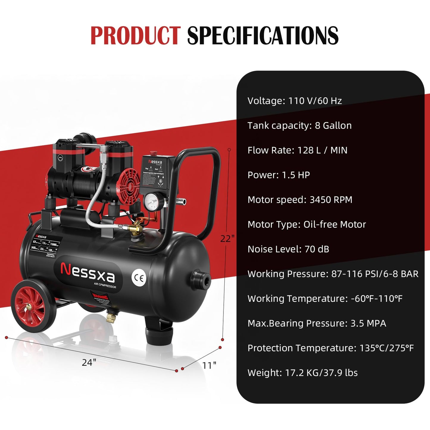 8 Gallon Ultra Quiet Air Compressor, 1.5HP 4.52 CFM, Max 115 PSI Oil-Free Air Compressor Tank for Car Repair, Spray Painting, Woodwork Nailing, 110V/60hz, 70dB