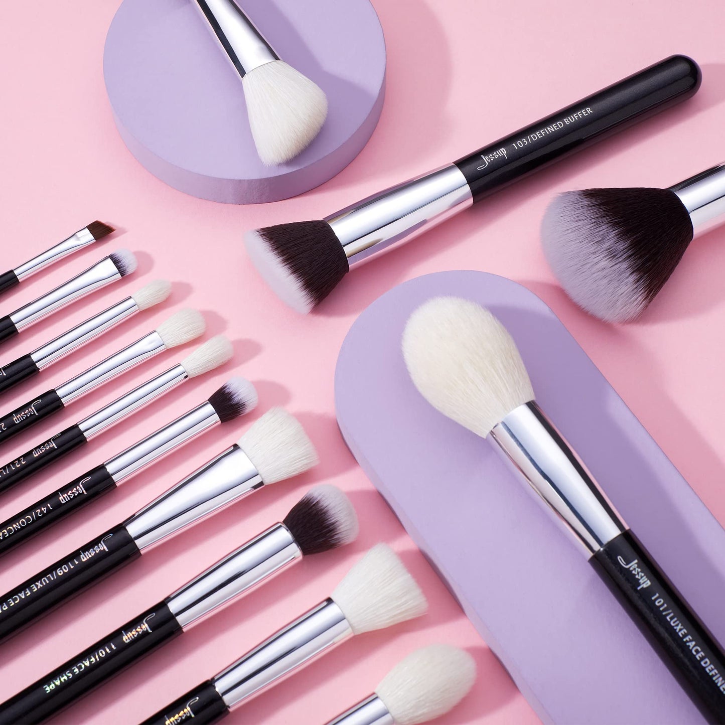 Jessup Brand 25pcs Professional Makeup Brush Set Beauty Cosmetic Foundation Powder Blusher Eyeshadow Blending Highlight Concealer Natural-Synthetic Hair Brushes Set (Pearl White/Silver)