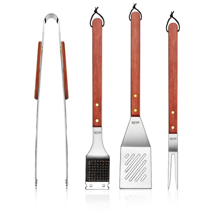 New Star Foodservice 59007 Stainless Steel BBQ Tool Set with Solid Hard Wood Handles, Set of 4