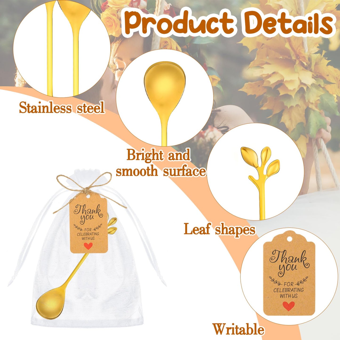 Dandat 50 Sets Bridal Shower Tea Spoons Party Favor for Guest Gold Leaf Mini Spoons Bulk Stainless Steel Honey Teaspoons with Thank You Labels Organza Bags, Wedding Souvenir Gift Party Decorations
