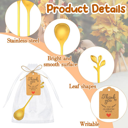Dandat 50 Sets Bridal Shower Tea Spoons Party Favor for Guest Gold Leaf Mini Spoons Bulk Stainless Steel Honey Teaspoons with Thank You Labels Organza Bags, Wedding Souvenir Gift Party Decorations