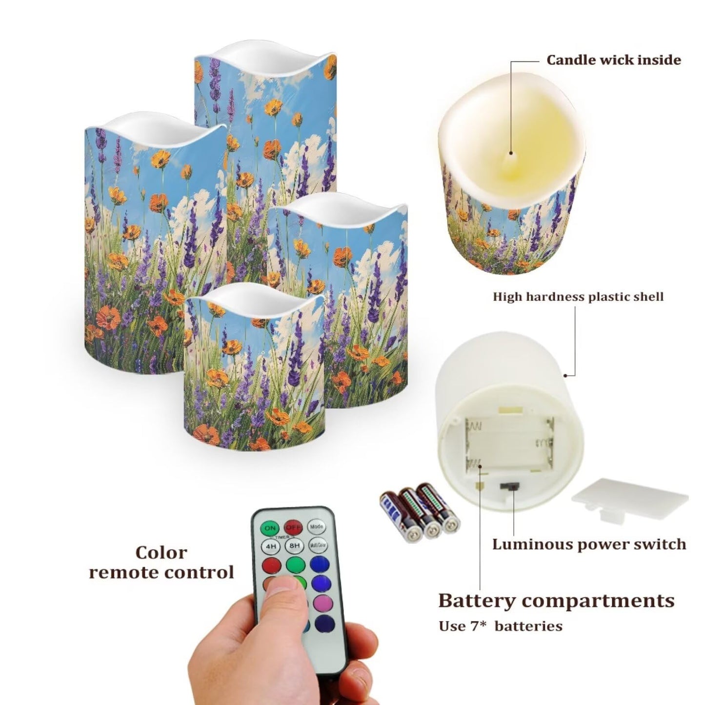Cozeyat Meadow Floral Flameless Candles 4 Pack Battery Operated LED Pillar Candles with Remote Control Timer Color Changing for Wedding Birthday Home