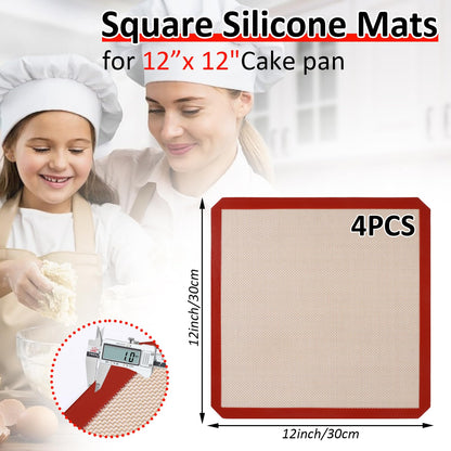 4 Pack 12" x 12" Reusable Silicone Baking Mat for 12 Inch Cake Pan/12x12 Cheesecake Pan/Toaster Oven/XL Air Fryer,12" Food Grade Silicone Mat for Baking Sheet, Non-Stick&Reusable
