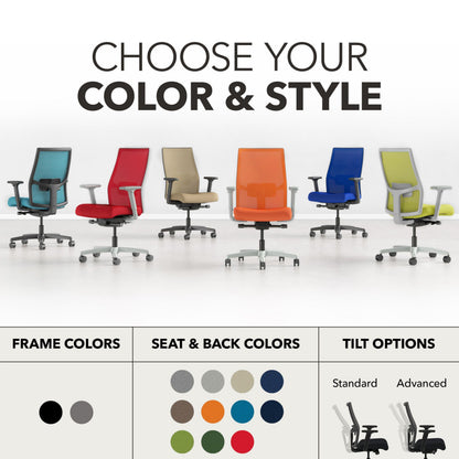 HON Ignition 2.0 Ergonomic Office Chair Fabric Seat, Adjustable Tilt, Swivel Wheels, Comfy for Long Hours, Home Office Desk Chairs, Fog