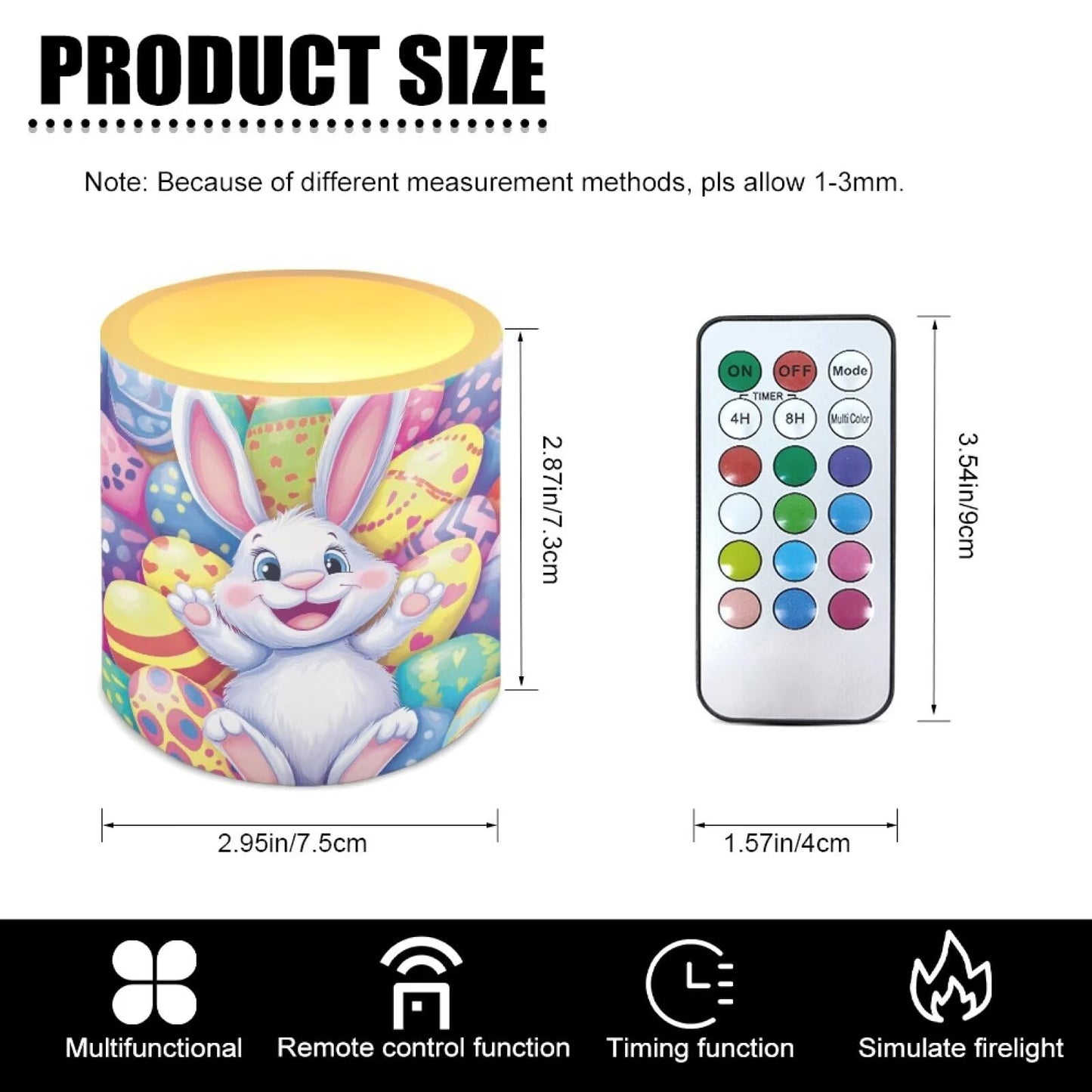 Merkmak Pack of 4 Flameless Candles with Timer Battery Operated Candles with Remote, Easter Eggs Cartoon Bunny Print LED Pillar Tea Lights for Easter Day Patio Banquet Home Decoration