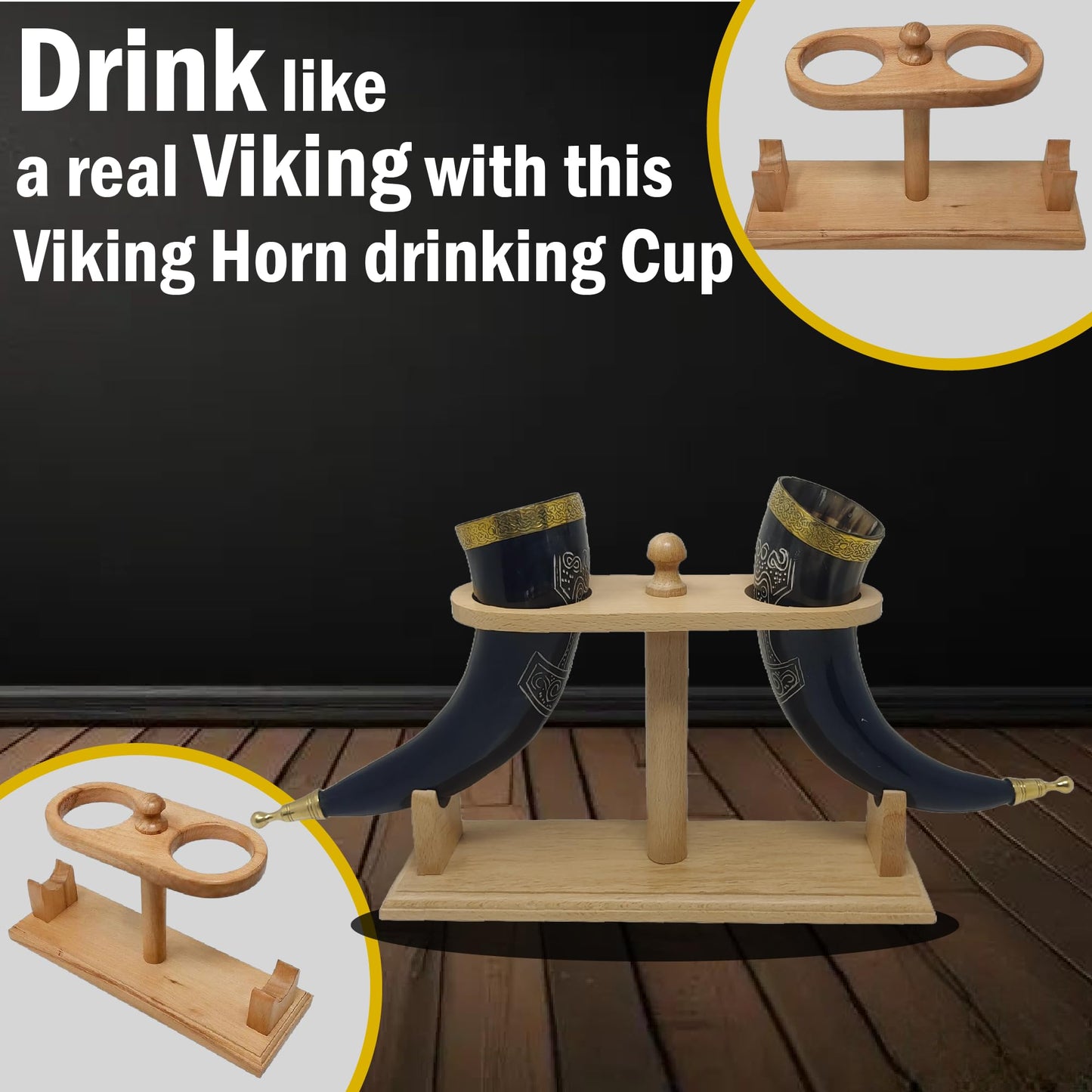 Galaxy Indiacraft Viking Drinking Handmade Natural OX Horn | Tankard | Mug | Cup for Ale, Beer, Mead, Wine | 12 to 15 Inch | 100% Leak Free | with Beautiful Wooden Stand (Set of 2)