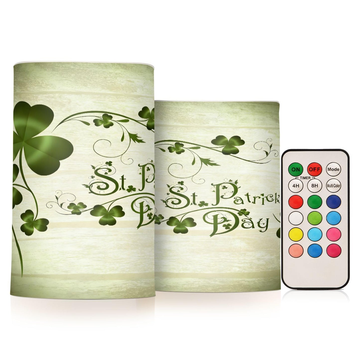 ALAZA Grunge St Patricks Day Clover Leaves Flickering Flameless Candles Battery Operated with Remote Timer,Tea Light Candles LED Pillar Votive Candles Set of 2 for Outdoor Indoor Decorations13