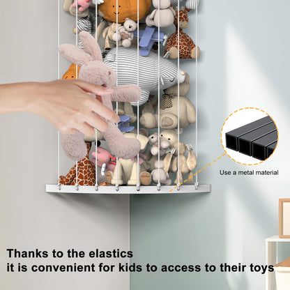 Ebeneze Corner Stuffed Animal Storage Organizer, Toy Stuffed Animals Hammock Net Adjustable Length, Spave Save for Hanging Wall Plush Toy Holder, Toy Storage Shelf for Playroom Bedroom, White