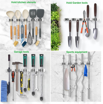 Voze Mop and Broom Holder - 3 Racks & 4 Hooks, Heavy-Duty Self-Adhesive Organizer for Home & Garage