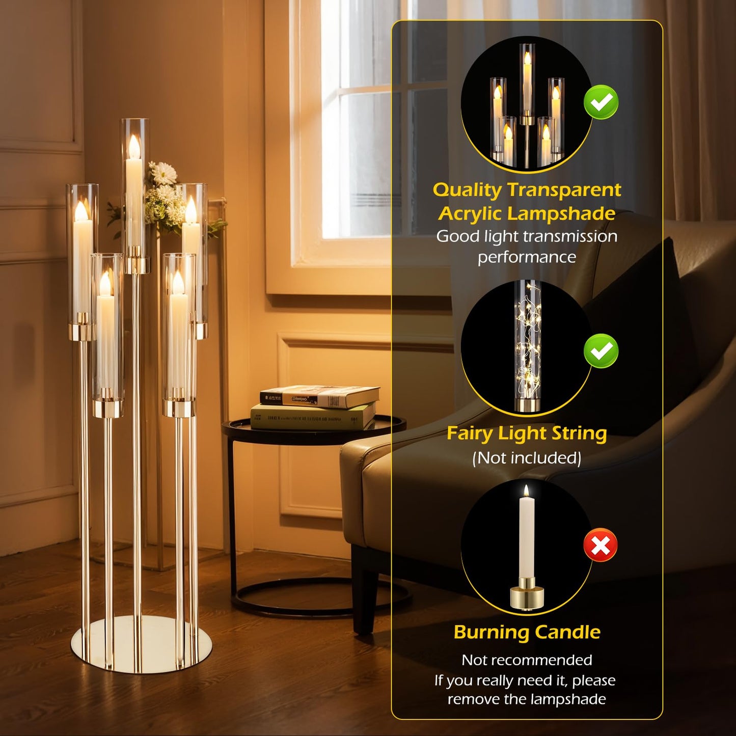 Dyna-Living Gold Candelabra 4 Set 34.6'' Tall Candelabras Centerpieces for Tables, 5 Arm Candle Holders Centerpiece with Acrylic Lampshade, Gold Candelabras Floor Stands for Wedding Party Home