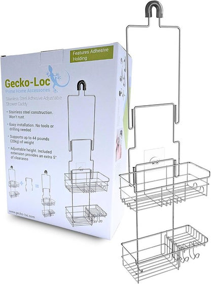 Gecko-Loc Shower Caddy - Extra-Long Adjustable Rustproof Stainless Steel Organizer with Suction Stabilizer & Hooks - Tool-Free Installation (Silver)
