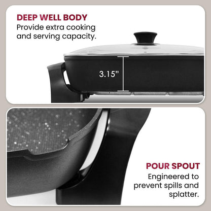 Elite Gourmet EG-6203# Extra Deep 16"x13" (10.5 Qt.) Non-Stick Electric Skillet with Glass Vented Lid & Pour Spout | Dishwasher Safe, Long-Lasting Non-Stick, 200-400°F | Serves 6-8, Black