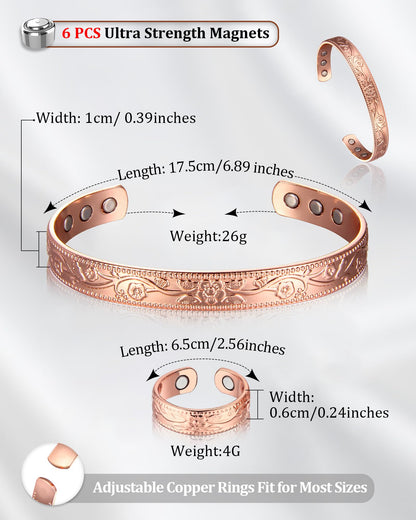 BioMag Women's Lymphatic Drainage Ring & Copper Bracelet, 99.99% Pure Copper Magnetic Bracelet & Ring with Built-in 3500 Gauss Magnets, Adjustable Size, Floral Vine Pattern
