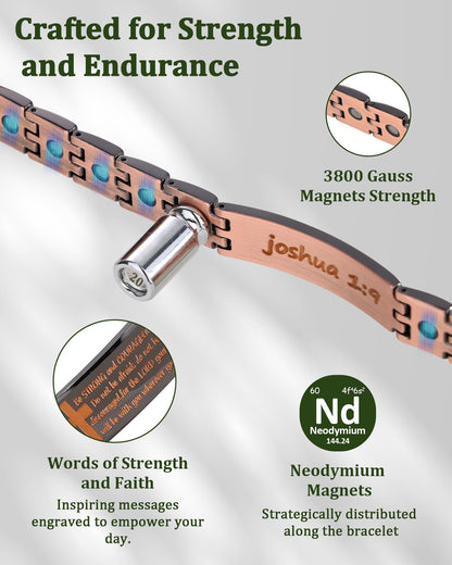 Fashtour Copper Cross Bracelet for Men, Ultra Strength Magnetic Jewelry, Rice-Ear Design Adjustable Copper Biblical Cross Bracelet with Sizing Tool & Box (Black-Joshua 1:9)