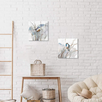 Abstract Bird Picture Wall Art: Animal Birds on Reed Artwork Painting on Canvas for Living Room (16” x 16” x 2 Panels)