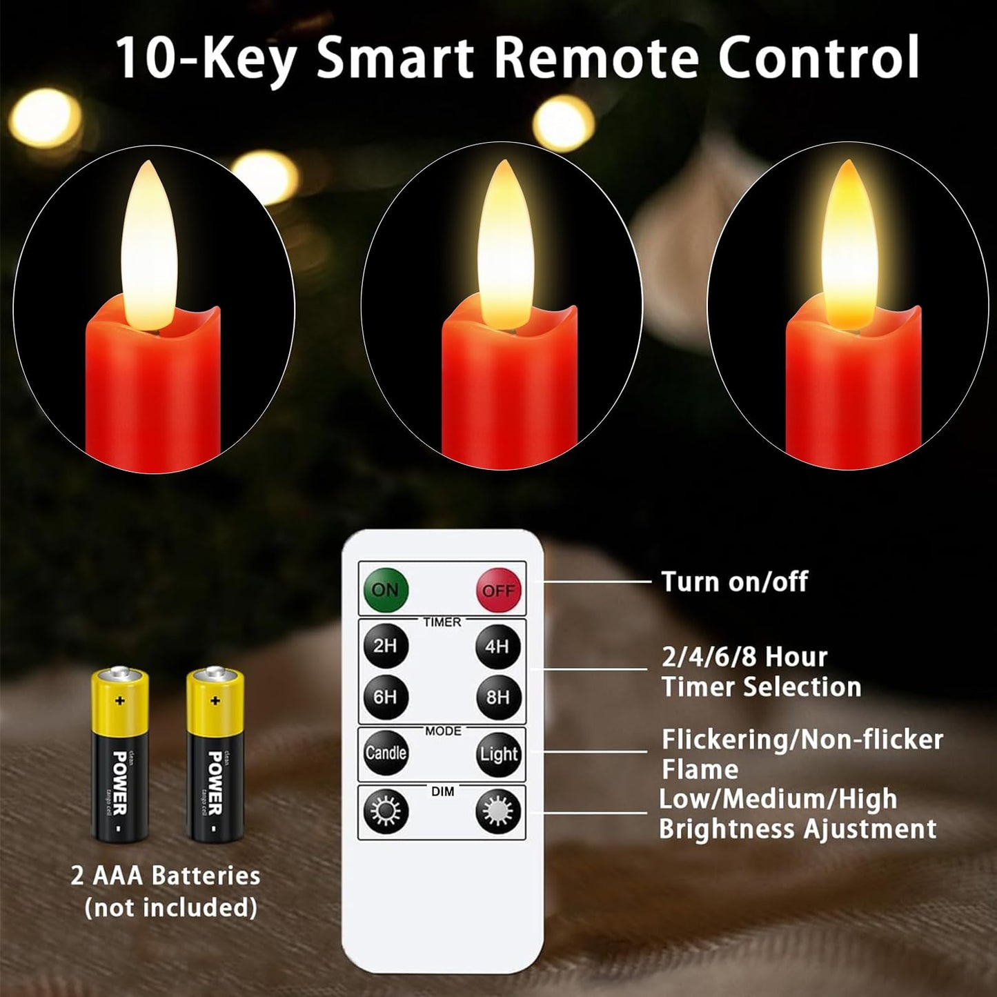KSWING Upgraded Real Wax LED Flameless Red Taper Candles with Remote, 6 PCS Candlesticks Battery Operated 3D Flickering - 9.6" Long Realistic Fake Candle Sticks for Home/Wedding/Fireplace Xmas Decor