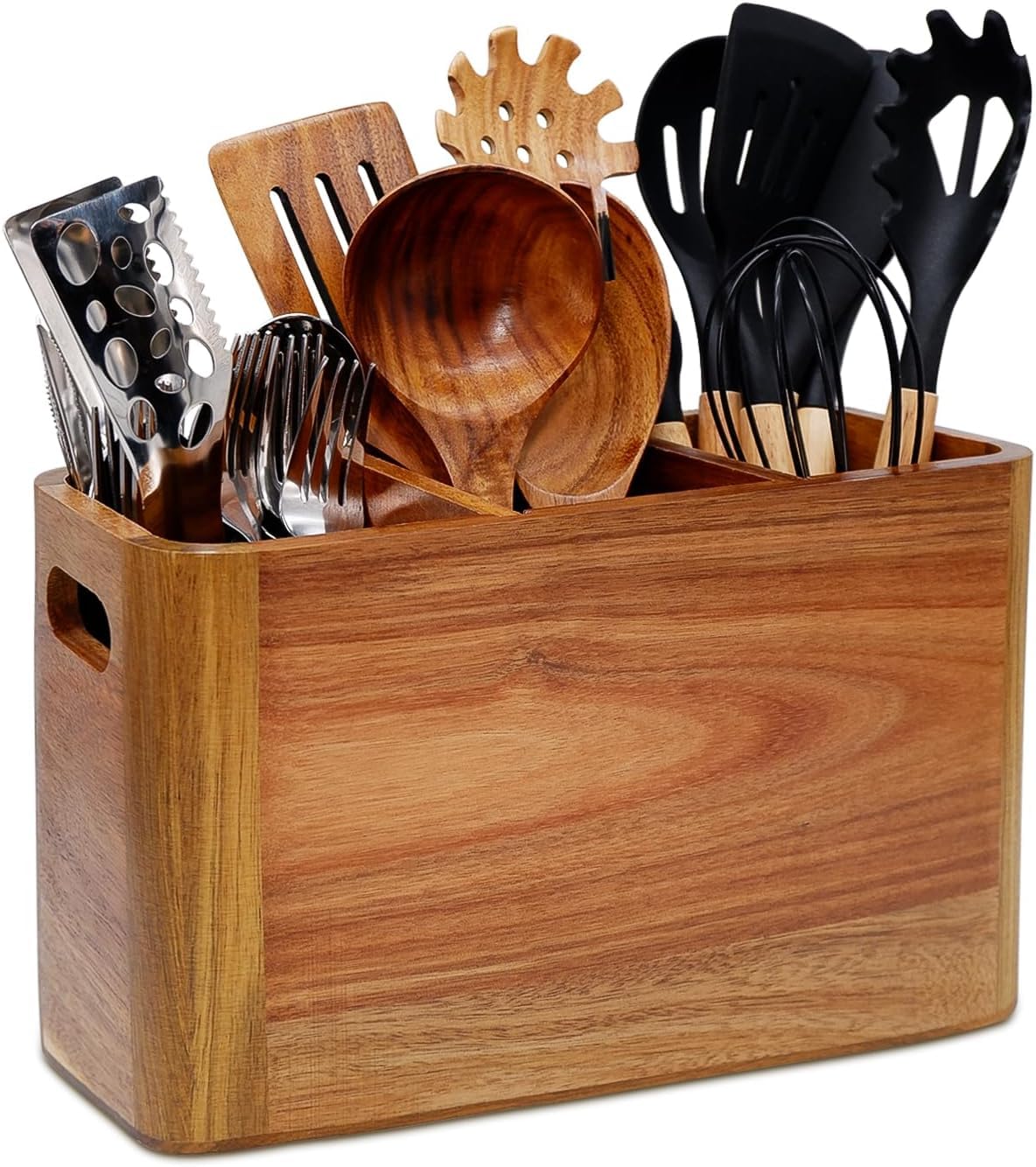 Wooden Kitchen Utensil Holder Organizer for Counter or Countertop, Large Wooden Utensil Holder for Storage Cooking and Silverware with 4 Compartment, Acacia Rustic Wood Container Extra Large