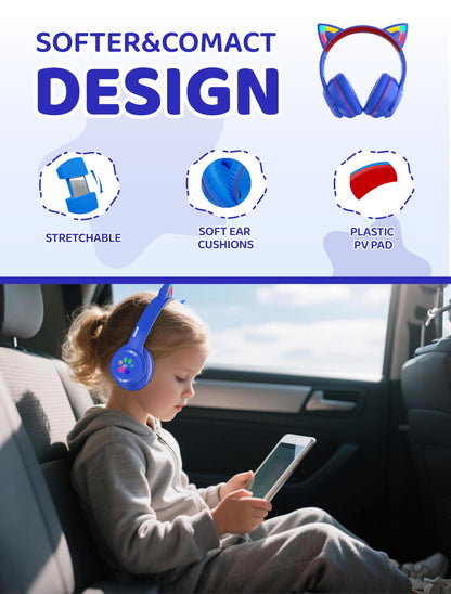 MIDOLA Kids Headphones Cat Ear Wireless Bluetooth 5.3 60H Over Ear, 8H with Led Light Foldable Headset with Aux 3.5mm Mic for Travel Pad Tablet Blue