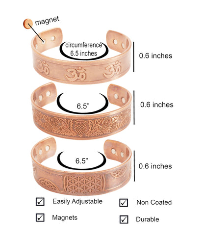 Touchstone copper bracelets | gift for men women |adjustable 100% pure solid real magnetic jewelry | handmade bracelet set combo | rope braided tibetan bangles. Set of 3 different designs