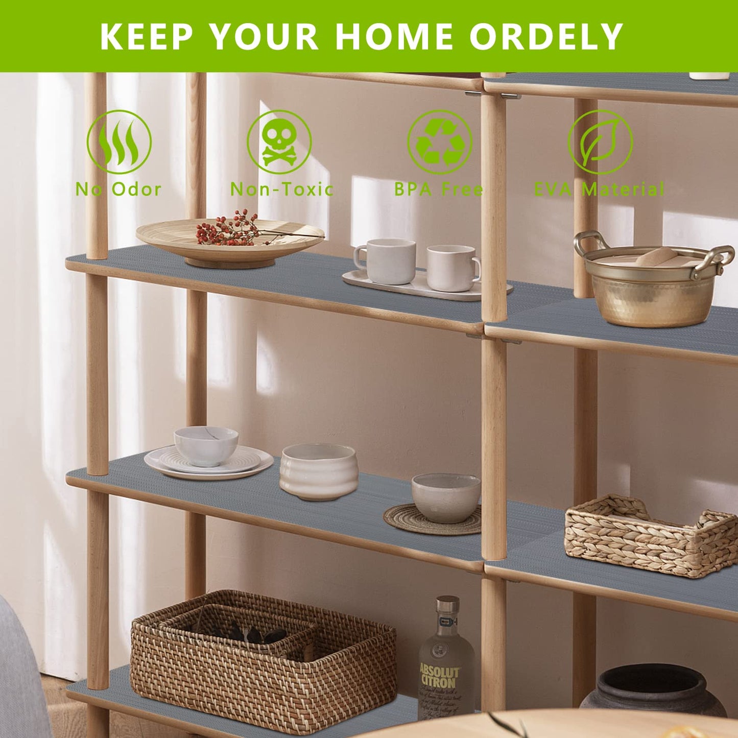 Drawer and Shelf Liner, Shelf Liner Non Adhesive Refrigerator Mats Washable, No Odor Plastic Pantry Liners Wire Shelf Paper Drawer Liner for Cupboard Kitchen Cabinets Shoe(Gray, 17.5 x 393.7 inches)