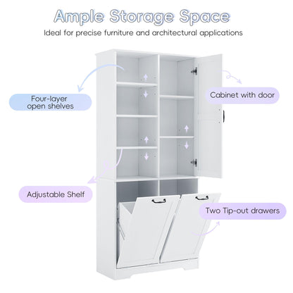 Merax Tall Storage Cabinet with Door and Open Shelf, Multi-Functional Laundry Hamper Basket for Home Bathroom, Laundry Room, White
