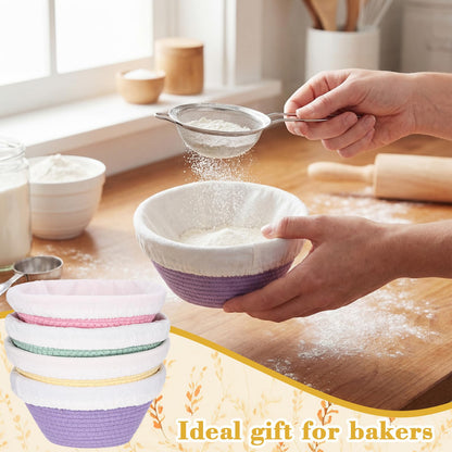 Ferrochef Round Banneton Bread Proofing Basket Set Cotton Rope Sourdough Bread Banneton Basket with Liners Covers for Baking Supplies(5 Inch)