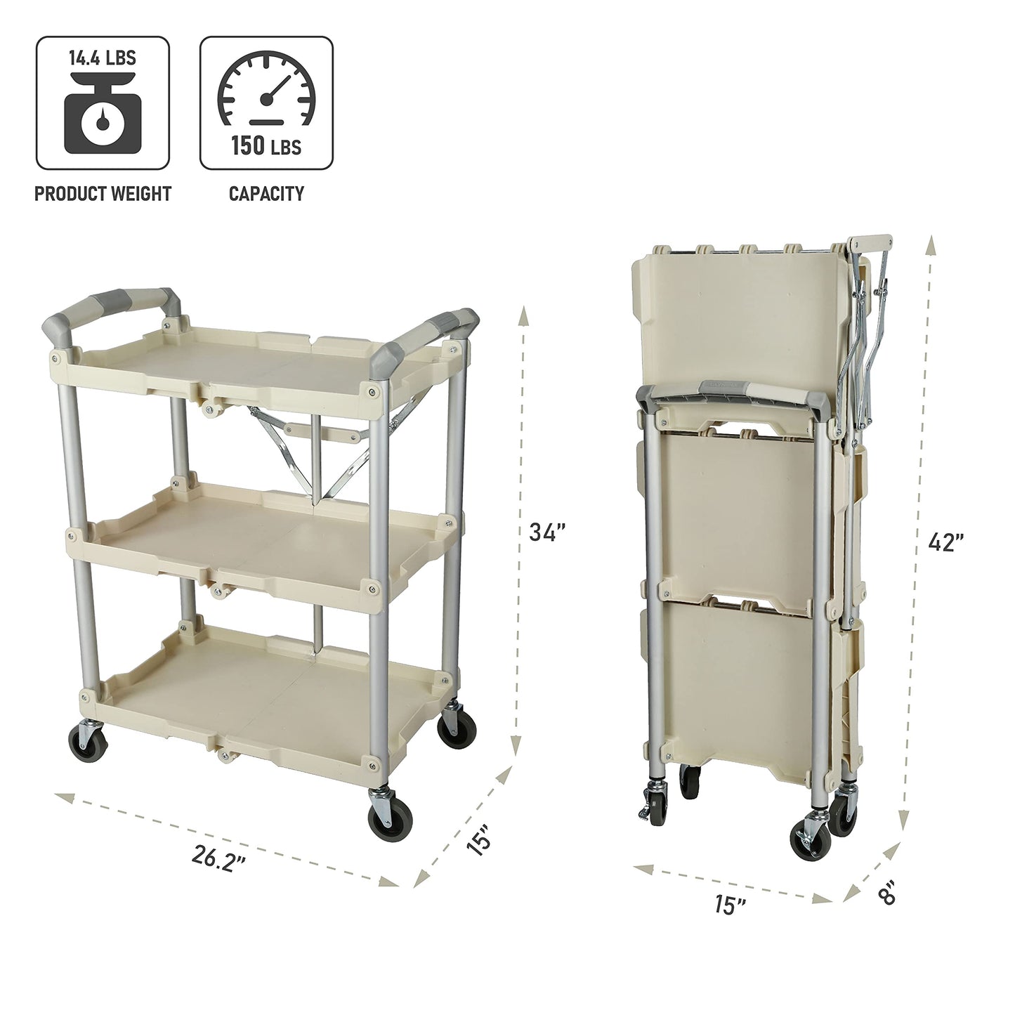 Olympia Tools 89-351 Pack-N-Roll Folding Collapsible Service Cart, 150LB Capacity, White