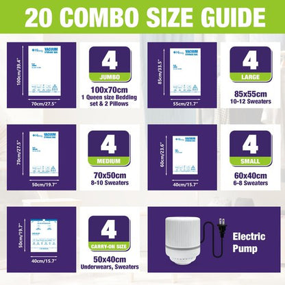 HIBAG Vacuum Storage Bags with Electric Pump, Vacuum Seal Bags for Clothing, Pillows, Blanket Bedding Comforters, 20 pack