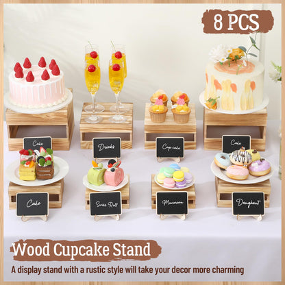 Lallisa 8 Pcs Buffet Risers with Mini Signs Bulk Wooden Food Risers for Buffet Table Rustic Wood Cake Stands Crate Dessert Display Stand with Hollow Bottoms for Wedding Birthday(Vintage Dark Brown)