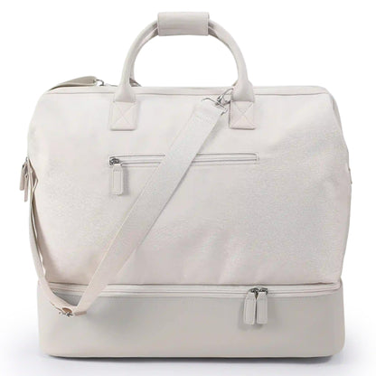 Nobl Travel Weekender Bag for Women & Men, Large Duffel Carry-On Tote with Trolley Sleeve, Separate Shoe Compartment & Laptop Pocket, Leather Overnight Bag for Airplane, Gym, Road Trips - Sand
